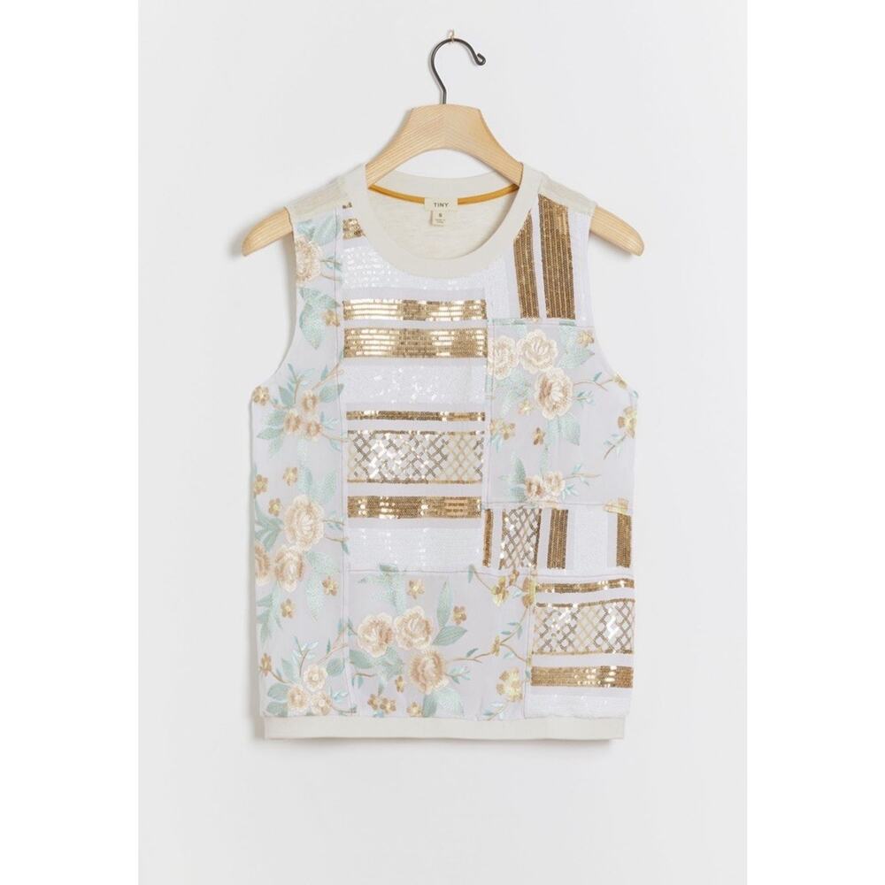 Tiny Anthropologie Jessika Top - M Cream Sequin Patchwork Neutral Summer Cottage